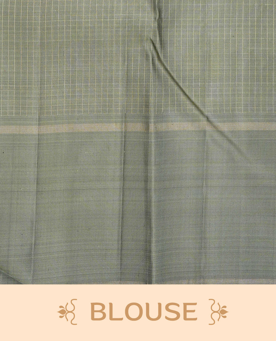 Green colour traditional kancheepuram silk saree featuring Gold zari tin check with motifs on body, complemented by contrast Olive with simple border, comes with matching blouse piece.