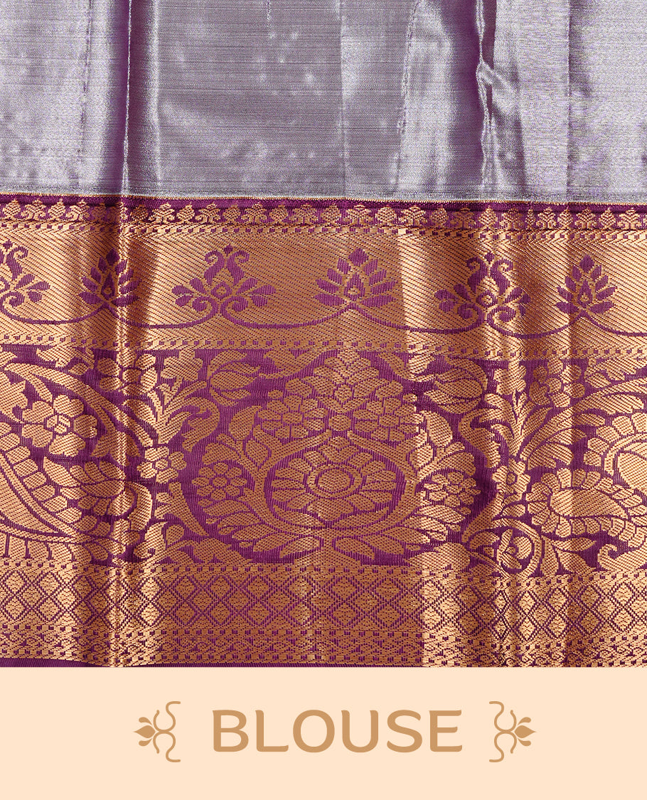 Light green colour tissue saree featuring silver & gold zari floral kodi pattern on the body, highlighted by a contrast Burgundy colour border with gold traditional zari, paired with a matching blouse piece.