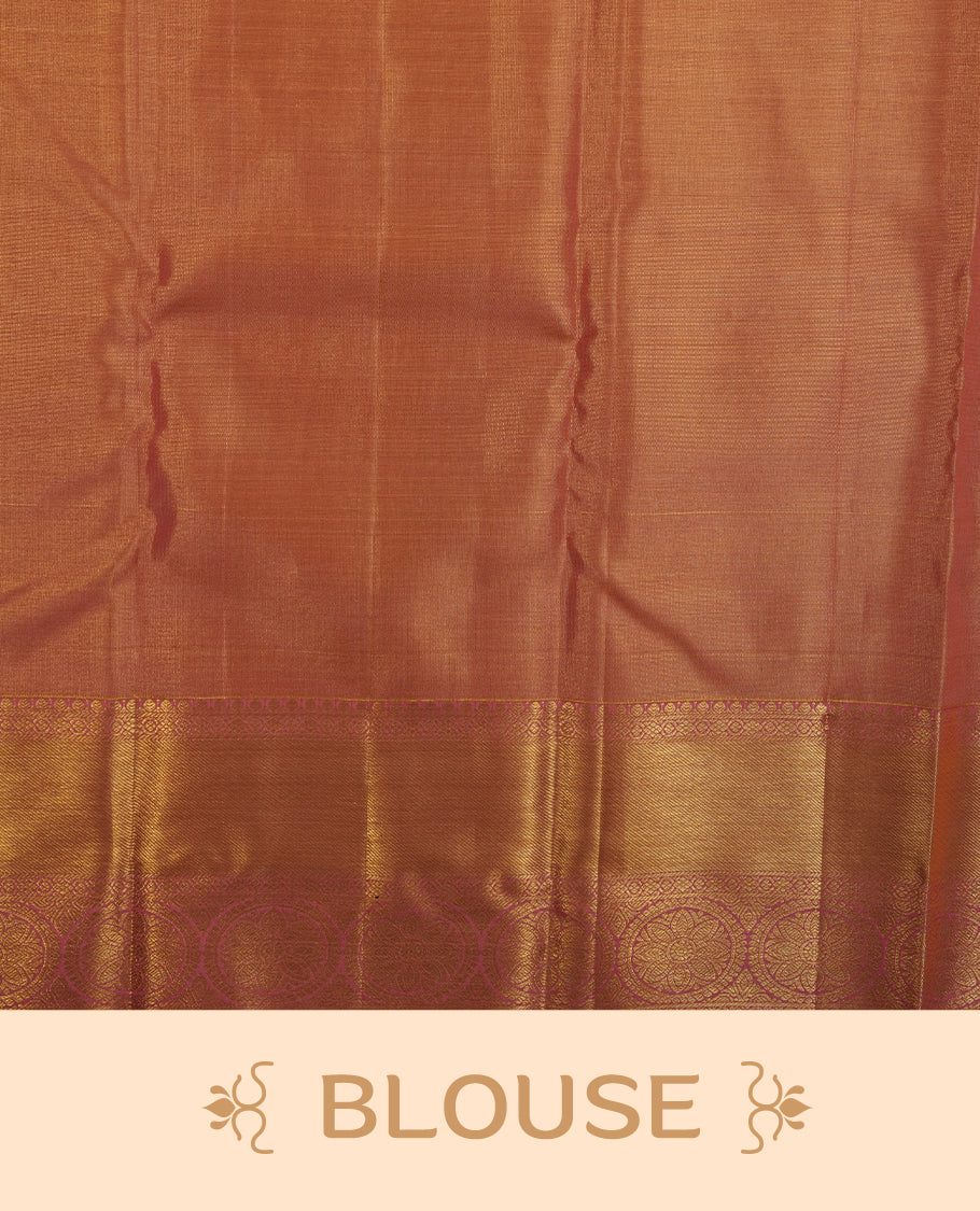 Pink & gold double shade colour kancheepuram tissue silk saree highlighting gold zari pattern body, with contrast Pink colour colour with traditional border and paired with matching blouse.