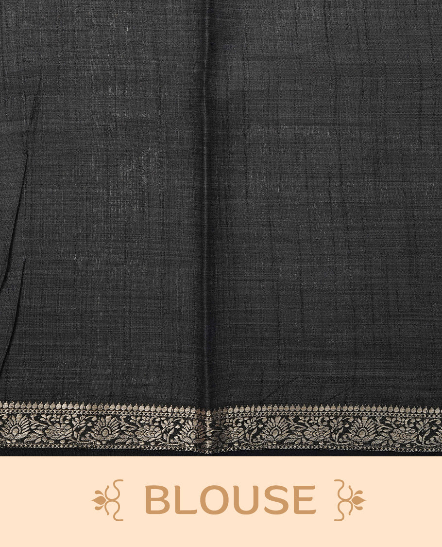 Light gold Colour Tussar saree featuring elegant plain body, complemented by contrast Navy blue colour with zari work border, comes with matching blouse piece.
