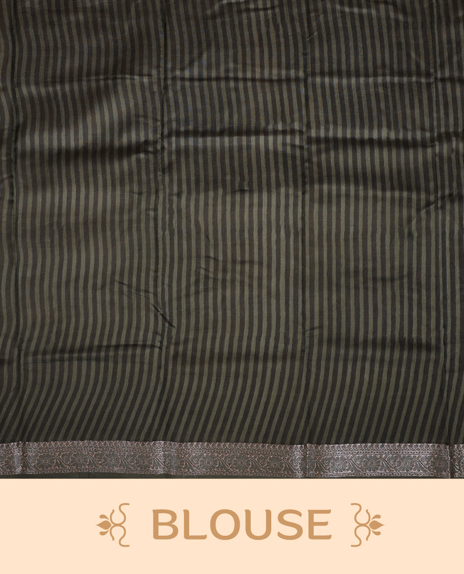 Cream colour chanderi silk saree with Olive & blue geometric stripped printed On body, compilmented by contrast olive colour border with golden zari floral pattern and a matching blouse.