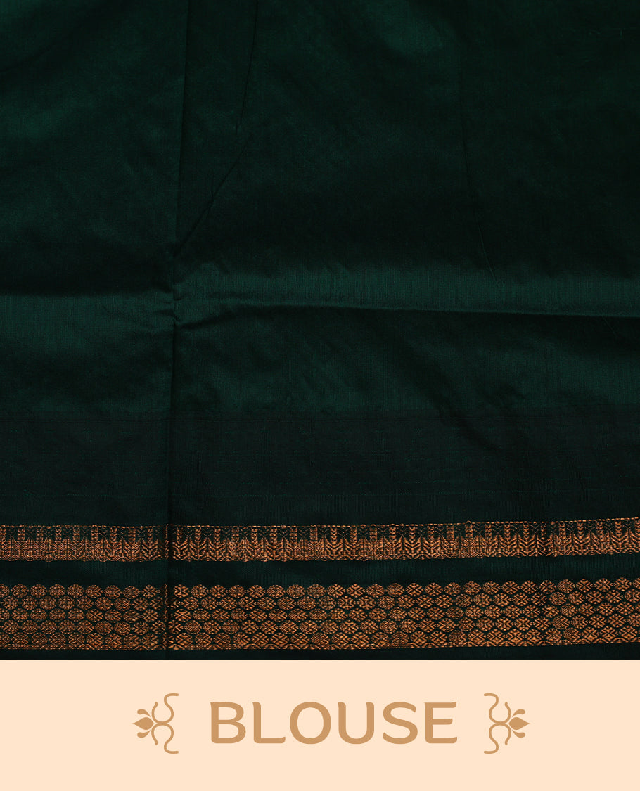 Orange colour kalyani cotton saree featuring Antique zari motifs on body, contrast green colour border with geometric antique zari pattern, paired with matching blouse piece.