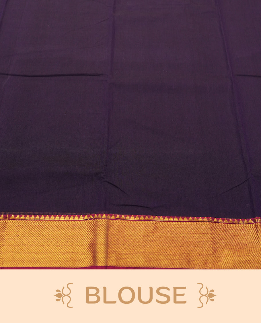 Dark Purple colour Narayanapattu cotton saree featuring a self coloured body, maroon coloured with gold zari pattern border and gold striped colour pallu, pairing a matching blouse piece.