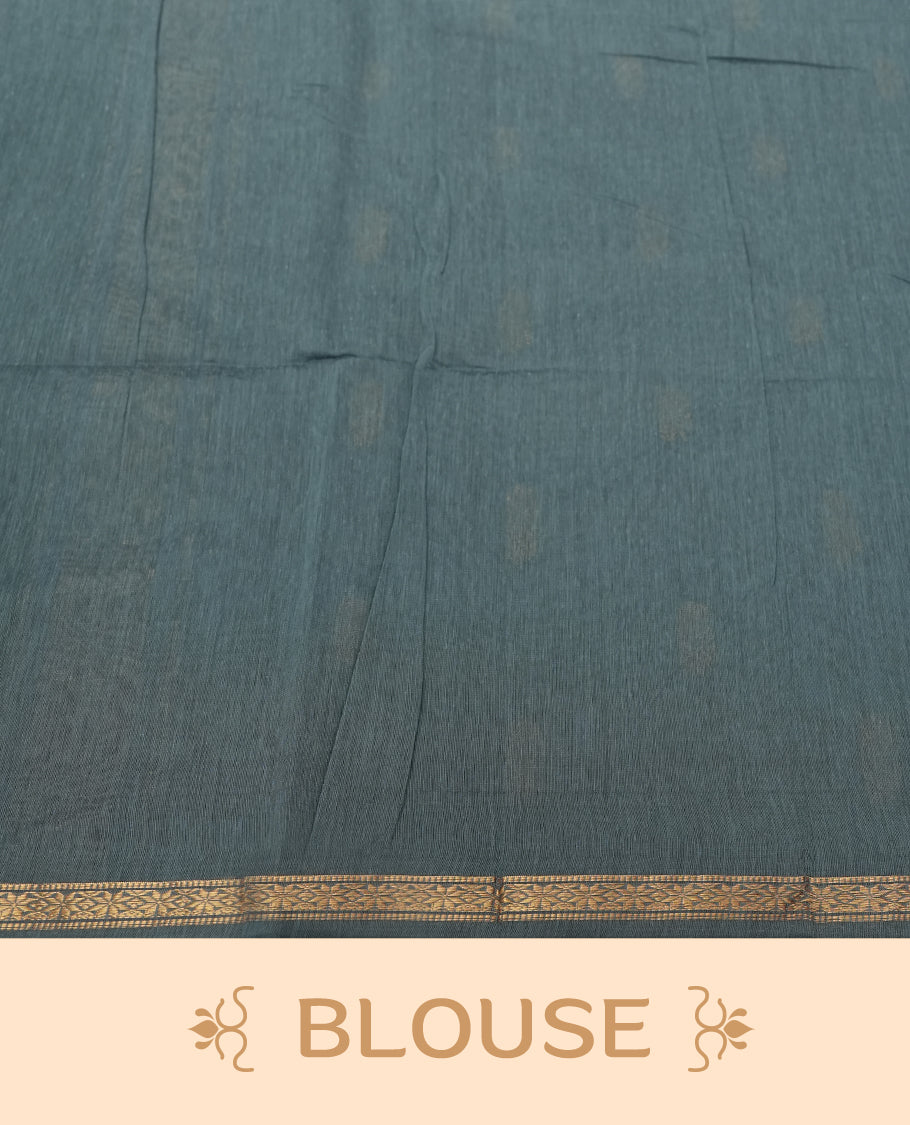 Green Silk Cotton Saree with Gold Floral Buttas Body, Accented by Gold Zari Border and Striped Pallu, Paired with Matching Blouse Piece