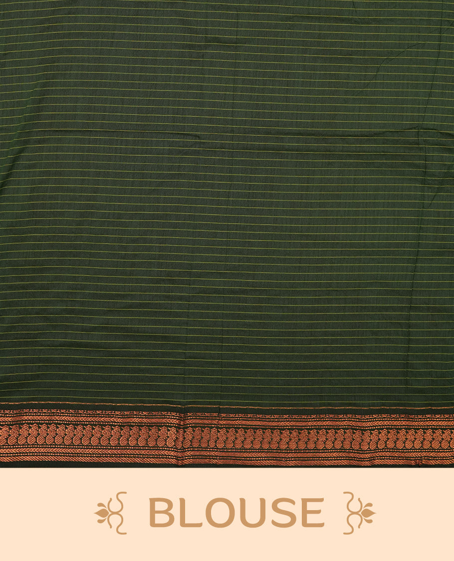 Magenta purple coloured mixed Kalyani cotton saree featuring copper zari checks on the body, complemented by a dark green coloured border and pallu adorned with copper zari patterns, Paired with a matching blouse.