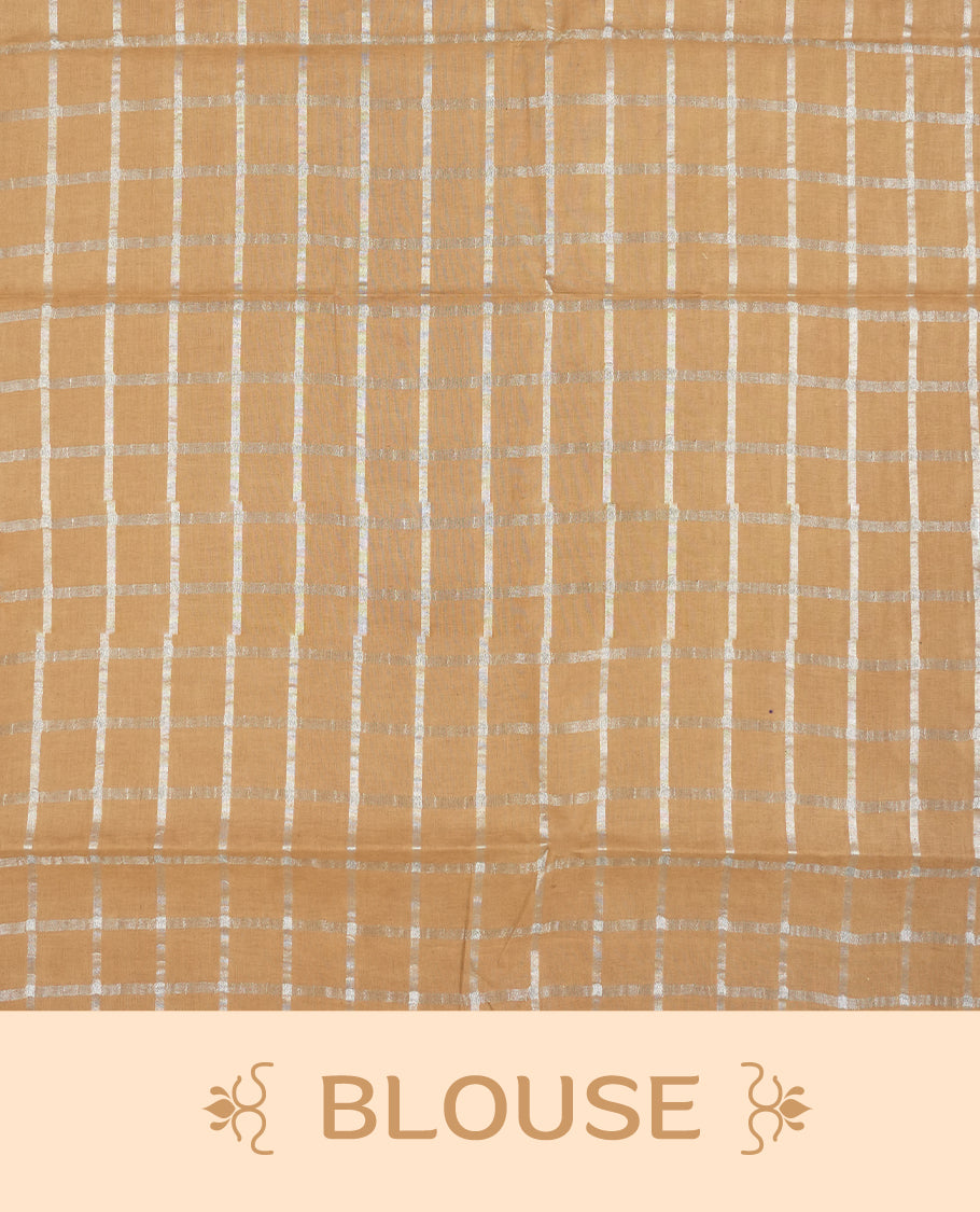 Pastel brown colour Chettinad cotton saree featuring silver checked patterns on the body, accentuated with elegant silver peacock motifs along the border & Comes with a matching blouse piece.