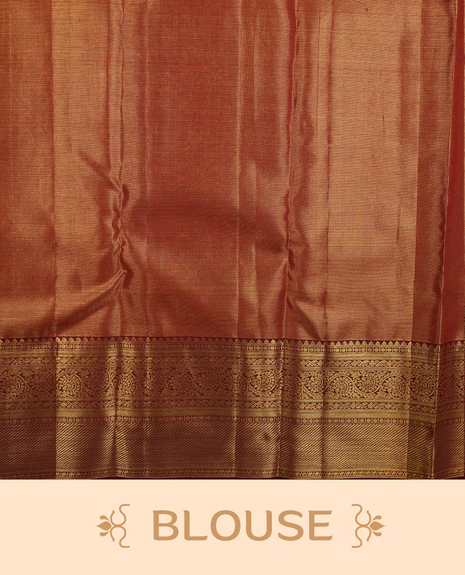 Red & gold double shade kancheepuram tissue silk saree highlighting gold floral zari pattern body, with contrast burgundy colour colour with kodi traditional border and paired with matching blouse.