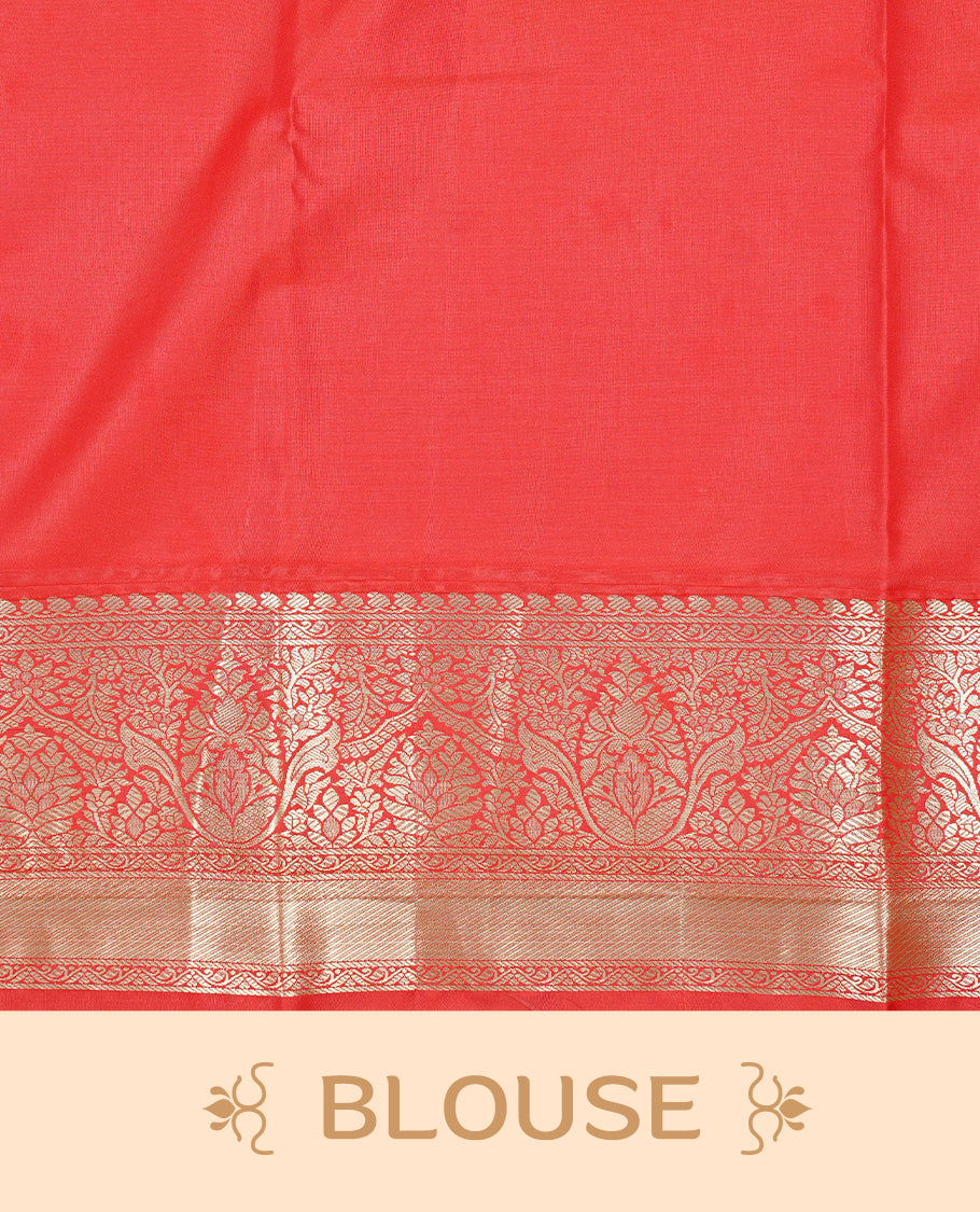 Red colour semi wedding silk saree featuring Gold zari pattern on body, complemented Silver Elephant motifs & gold zari border, paired with matching blouse piece.