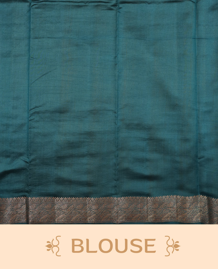 Mustard Colour Pure Banaras soft Silk Saree having gold floral motifs on Body with contrast Dark teal colour gold zari Border and matching Blouse