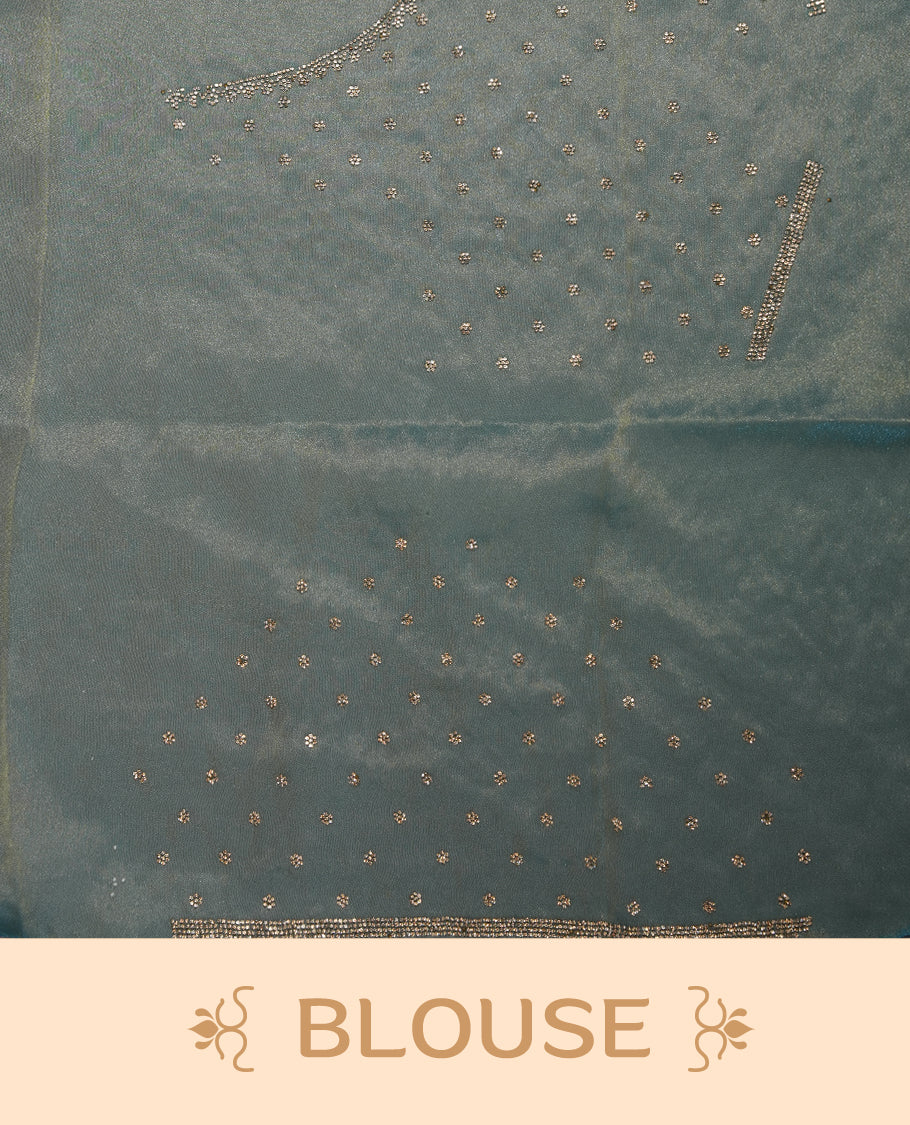 Light blue Colour Shimmer Designer Saree featuring Delicate White Stone Scattered Work on the Body, enhanced with Intricate Stone Detailing on the Border and Pallu, paired with a Matching Blouse.