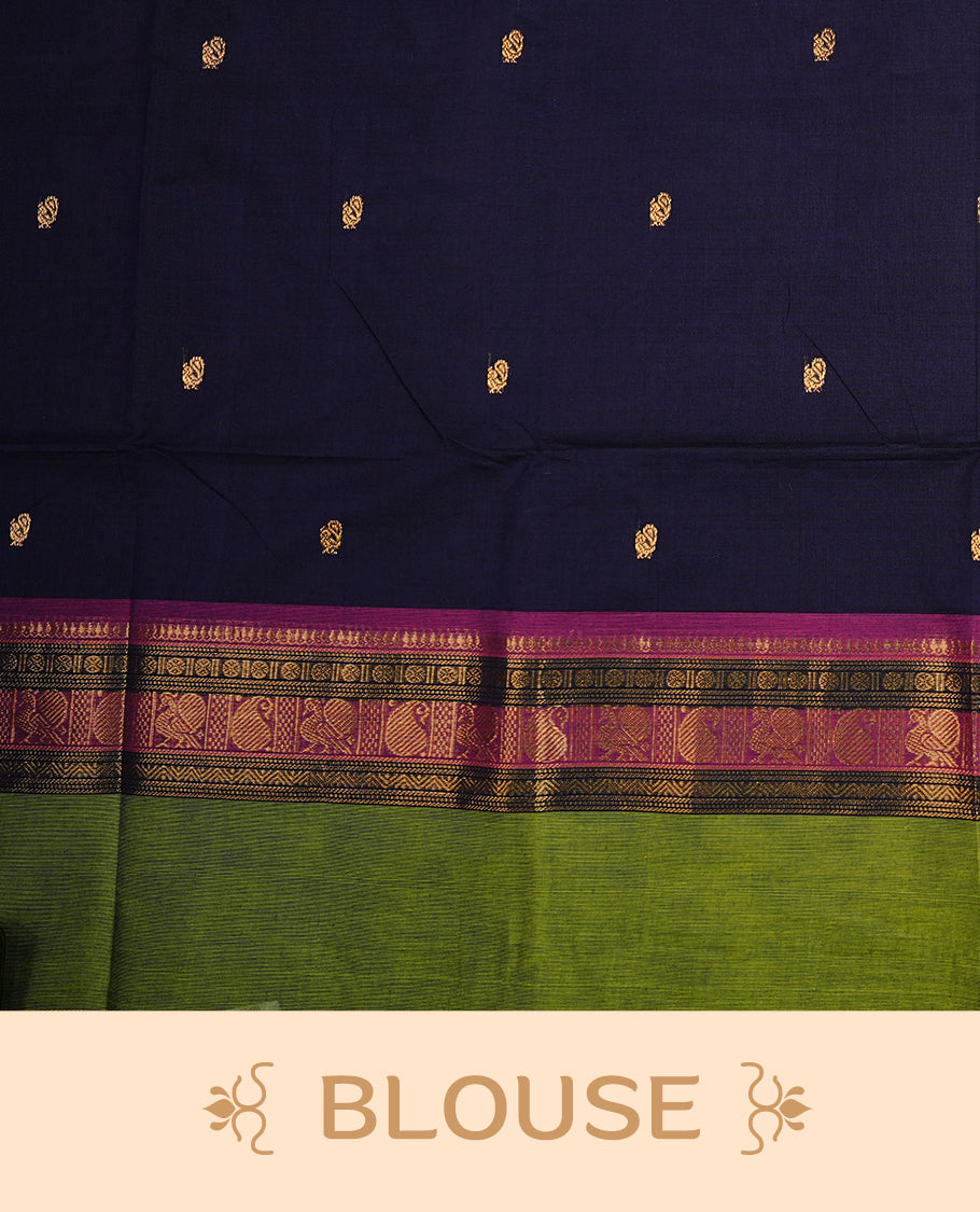 Navy Blue colour chettinad cotton saree featuring  Gold  Motifs  on body, complemented by Contrast Green & Pink Colour With Gold Zari border, paired with matching blouse piece.