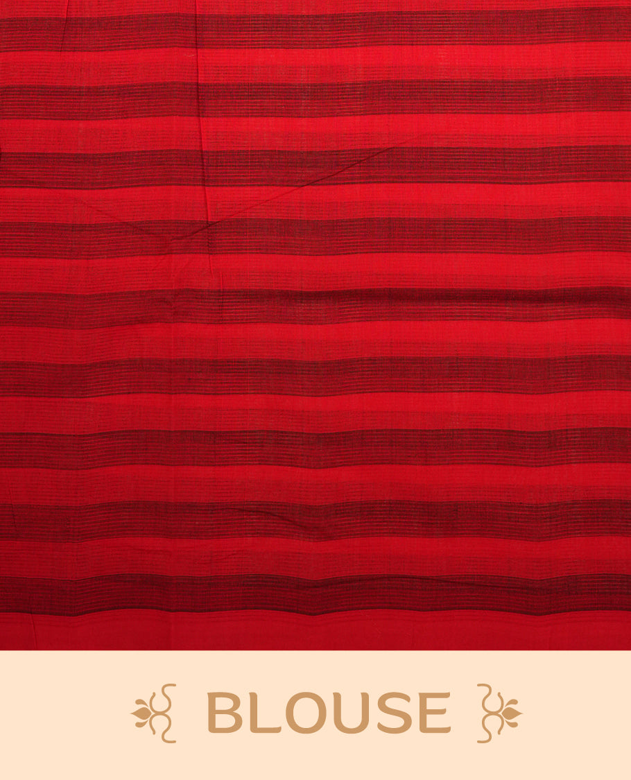 Red and black Colour checked Mangalagiri cotton saree Featuring Self Coloured Border ,With Striped  pallu, Paired With A matching blouse piece.