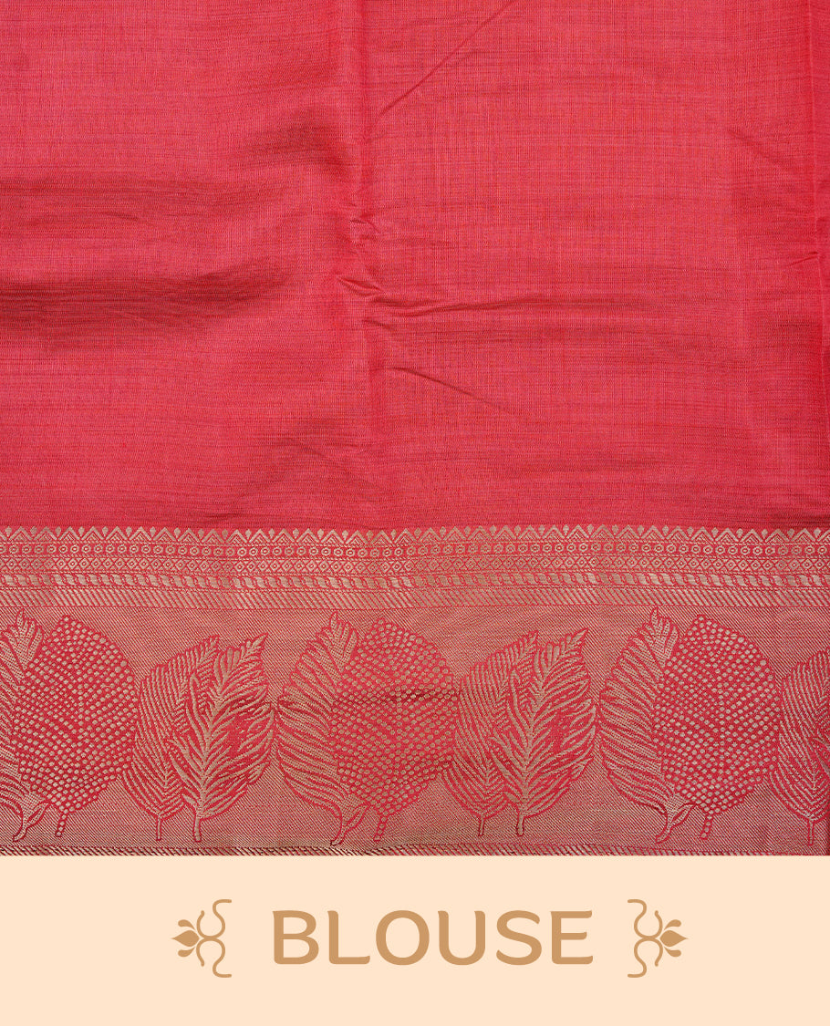Red colour semi tussar silk saree featuring an elegant plain body with traditional gold zari detailed border for a refined look. Comes paired with a matching blouse piece.