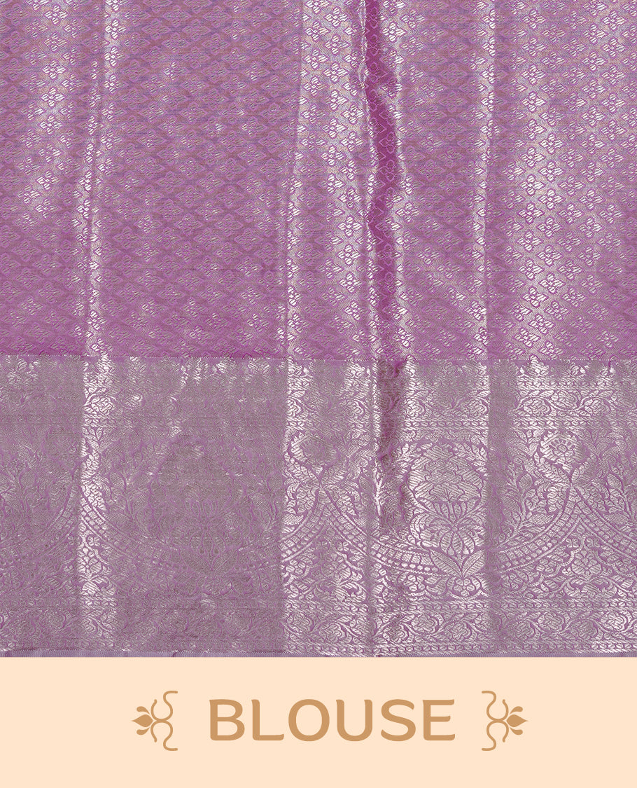 Light Gold colour Tissue silk saree featuring Pink colour floral zari motifs on body, complemented by contrast Lavender with Gold zari border, paired with matching blouse piece.