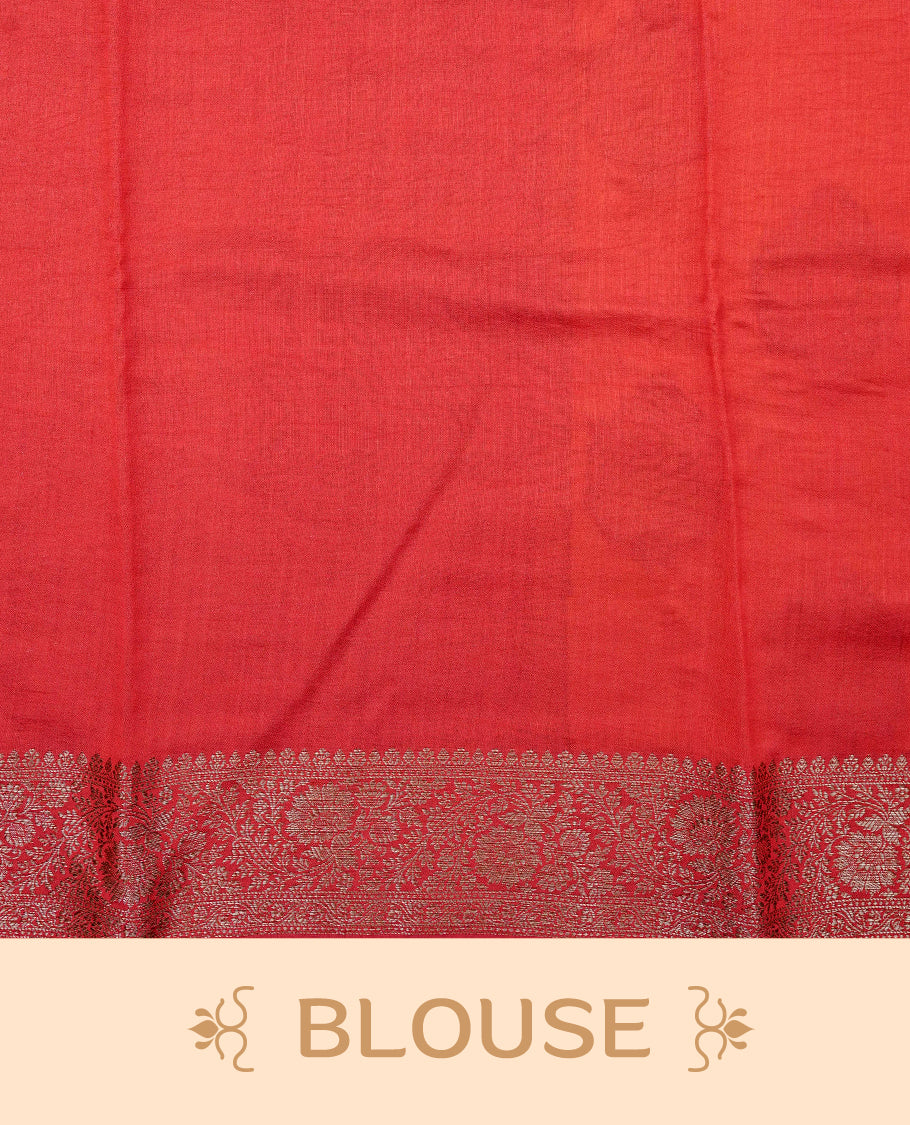 Mustard colour banaras saree featuring gold zari motifs on body, complemented by contrast Maroon colour with gold zari border, comes with matching blouse piece.