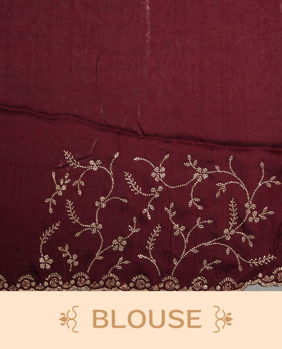 Dark Brown Colour Chiffon Designer Saree featuring Delicate White Stone Work All Over the Body, with Stone Detailing on the Border and Pallu, paired with a Matching Blouse.