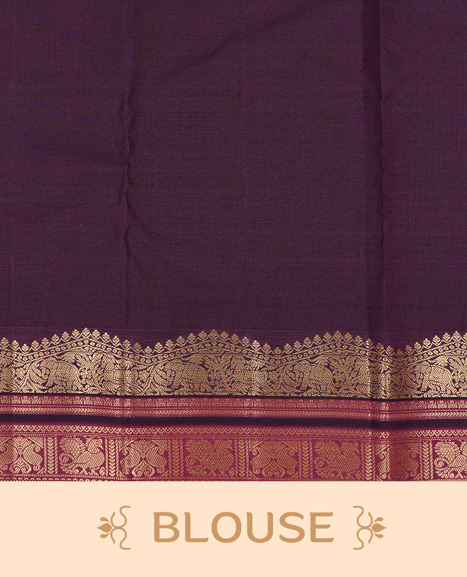 Mauve colour Traditional Kancheepuram silk saree featuring gold zari motifs on body, enhanced with contrast Purple with traditional border, paired with matching blouse piece.