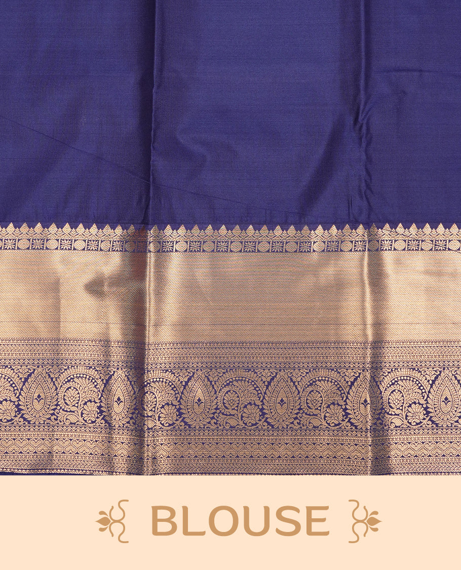 Aqua colour semi Wedding silk saree featuring Gold zari motifs on body, enhanced with Contrast Blue colour with traditional border, paired with matching blouse piece.
