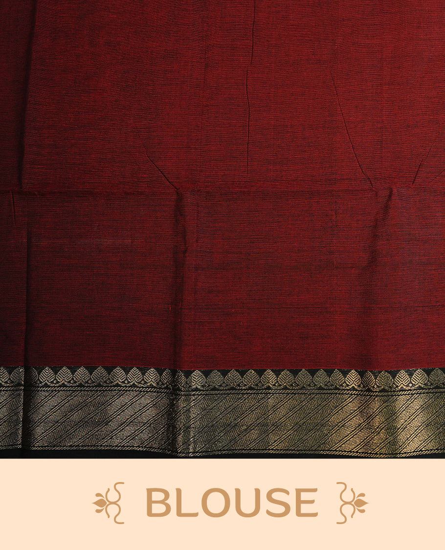 Maroon  colour chettinad cotton saree featuring  Plain body, complemented by  Black Colour With Gold Zari border, paired with matching blouse piece.