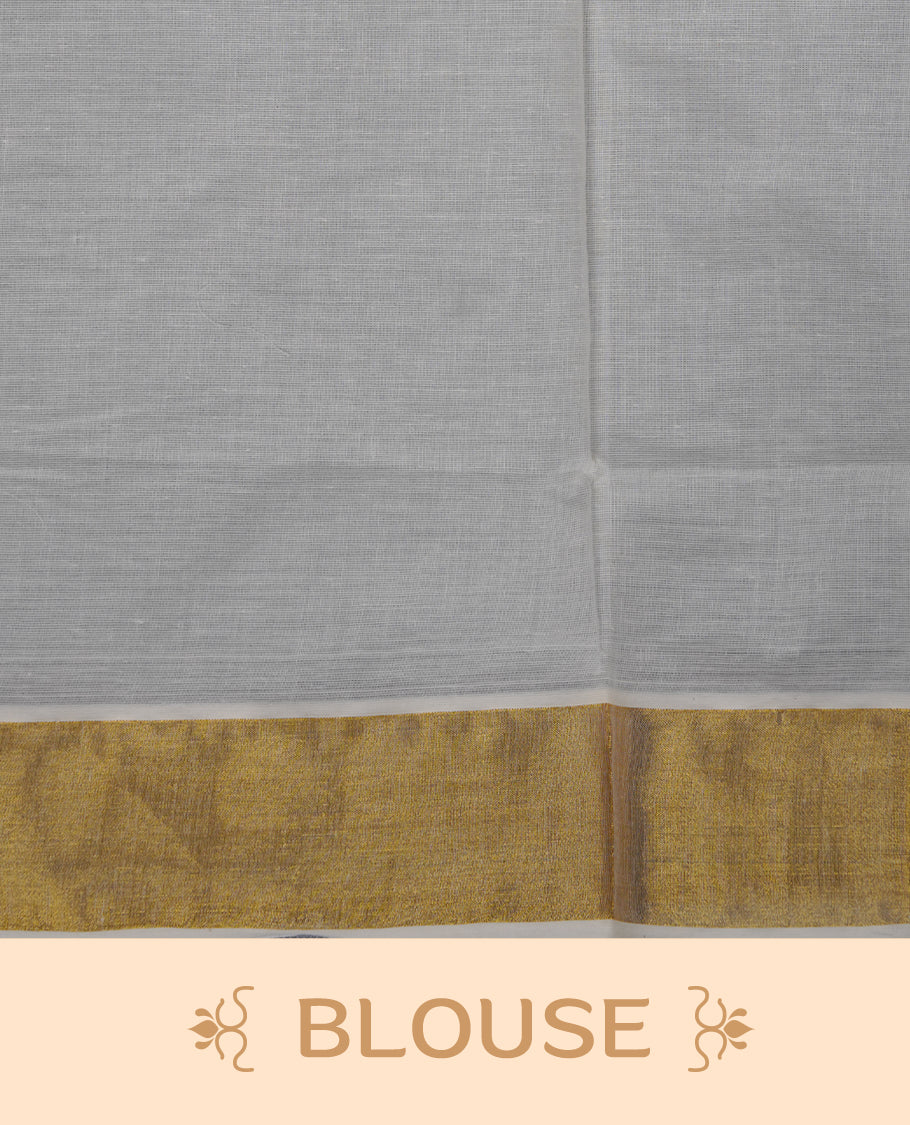 Off-white colour Kerala saree with a classic gold kasavu border, delicately embroidered floral motifs in red and green across the body and pallu, finished with a subtle golden sheen for timeless elegance.