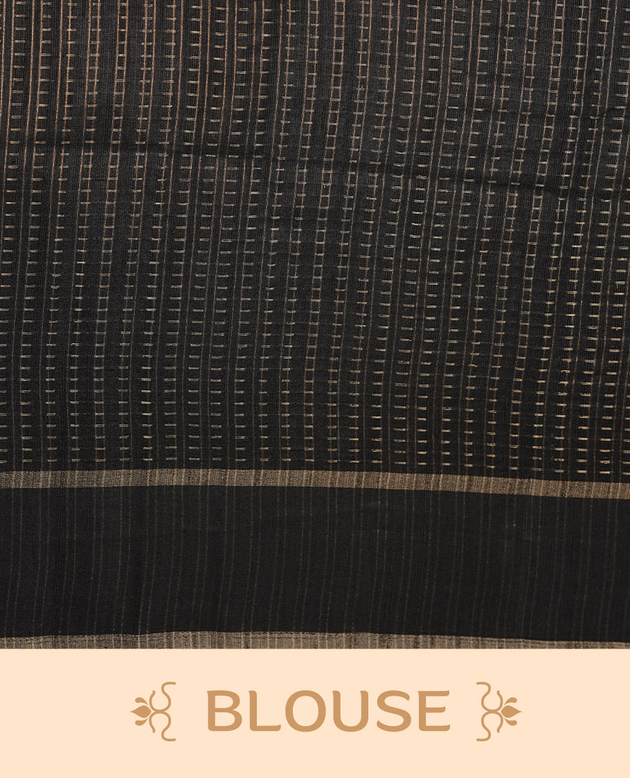 Black colour semi tussar silk saree highlighting gold zari dotted stripes, self colour border and contrast dark gold pallu and comes with matching blouse piece.