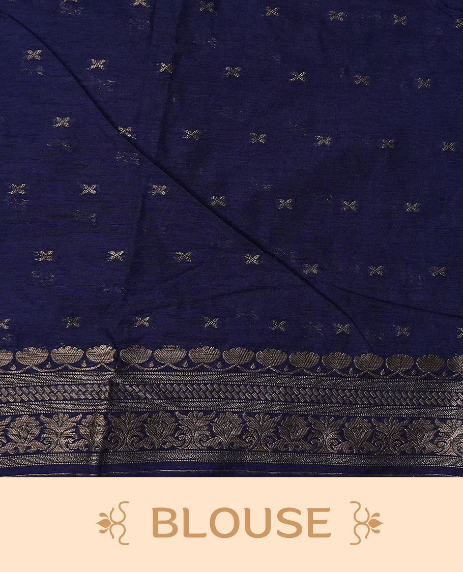 Rani pink colour semi linen saree with elegant gold zari floral motifs across the body, complemented by a contrast colour with grand gold zari pallu and a borderless design, paired with a matching blouse piece.