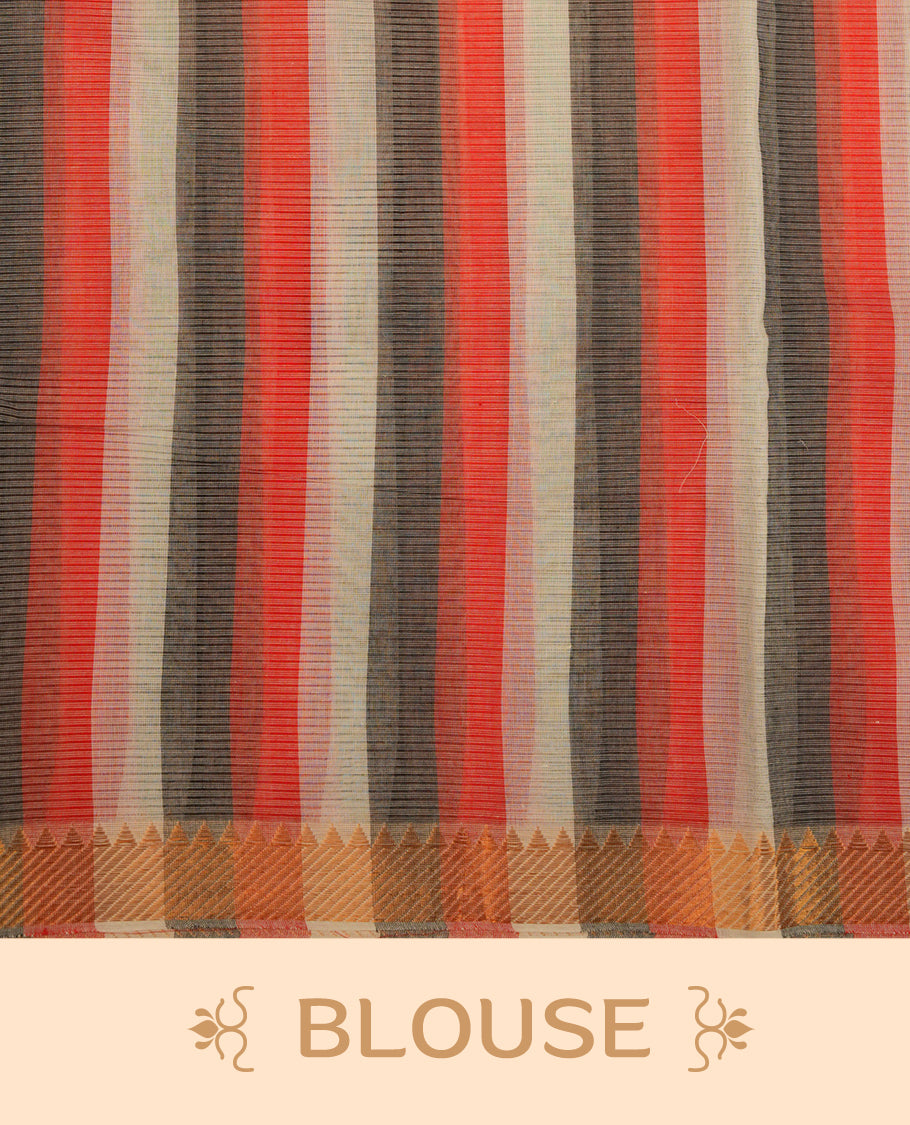 Black,White & Red Colour Mangalagiri Cotton Featuring Contrast stripes On Body, Complemented By Gold Zari border & Contrast Pallu ,Paired With Matching Blouse Piece.