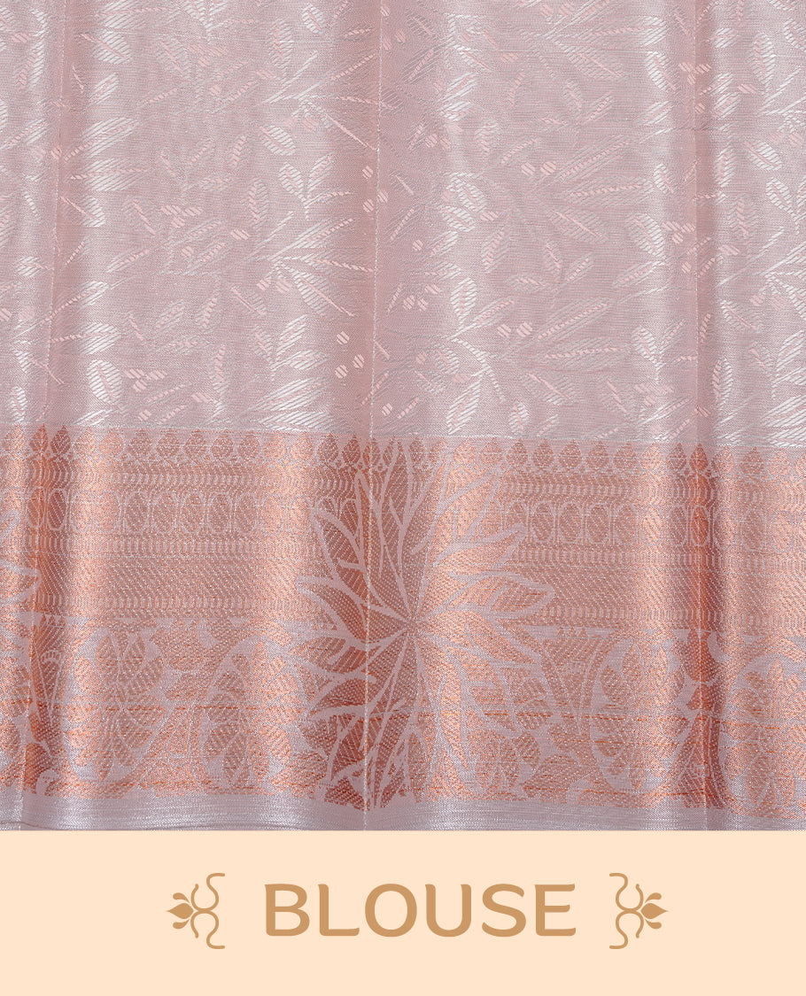 Light pink colour Semi silk saree Featuring gold zari motifs on body, complemented by Self colour with antique zari border, paired with matching blouse piece.