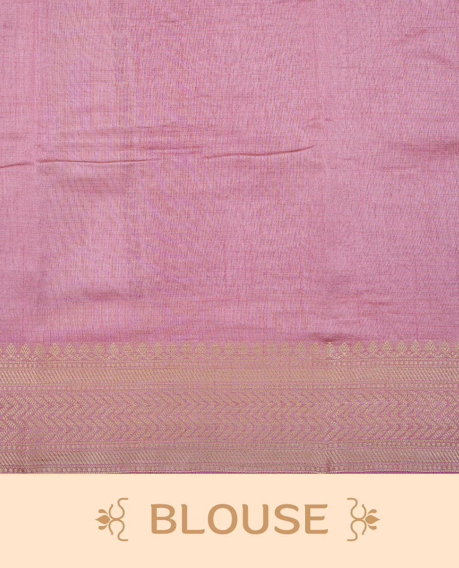 White cream colour Semi Tussar silk saree featuring an elegant plain body, accentuated by a contrast Pink border adorned with intricate gold zigzag zari work, paired with a matching blouse piece.