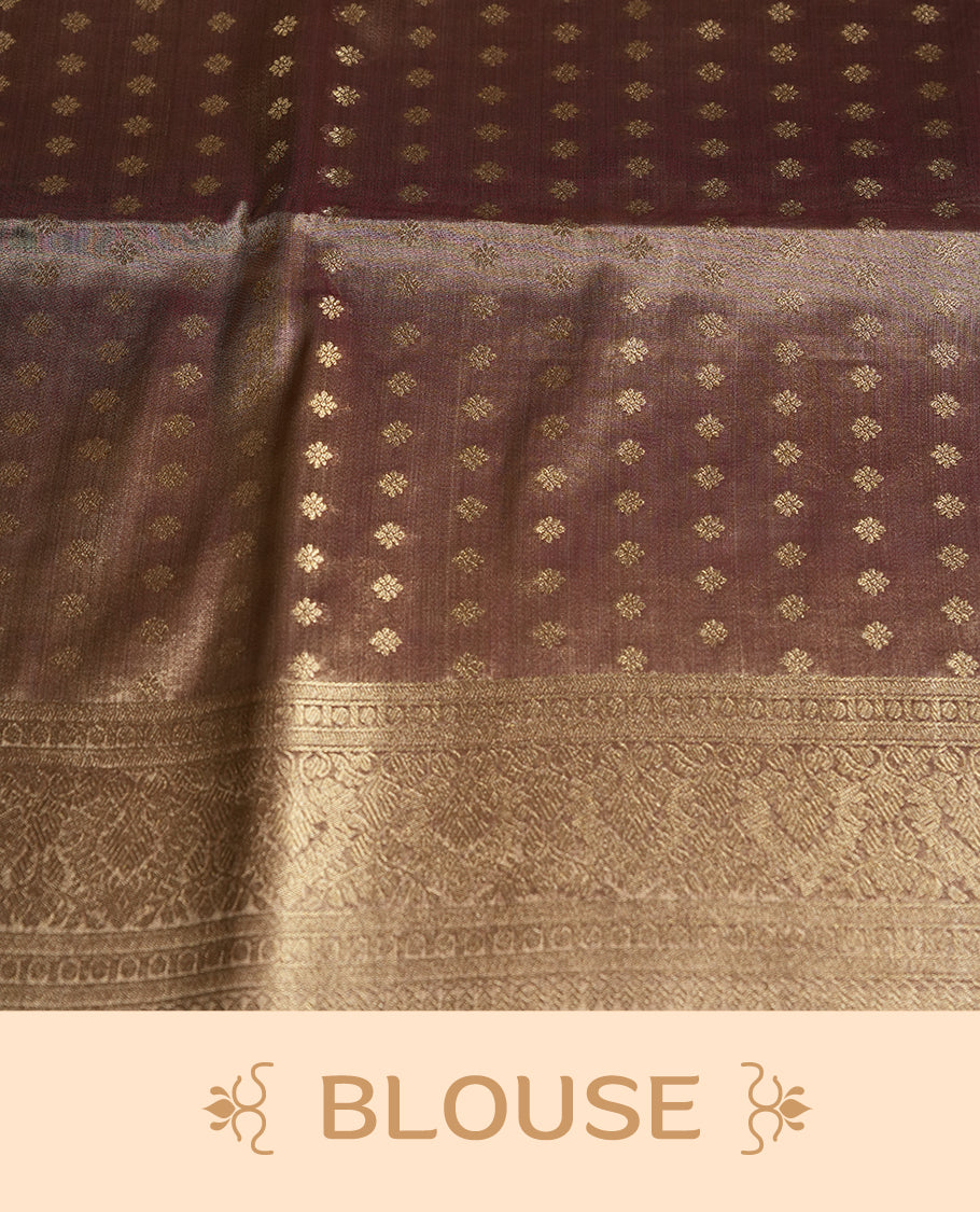 Antique Gold colour tissue banaras silk saree featuring antique gold zari motifs on the body with rich traditional zari border and pallu, paired with a matching blouse piece.