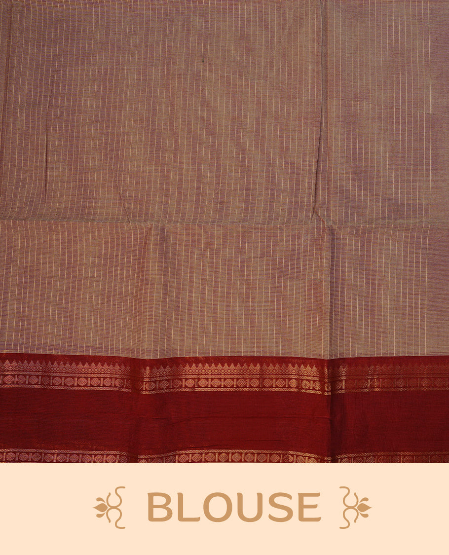 Brownish Grey colour chettinad cotton saree featuring  Gold Stripes  on body, complemented by Contrast Maroon Colour With Gold Zari border, paired with matching blouse piece.