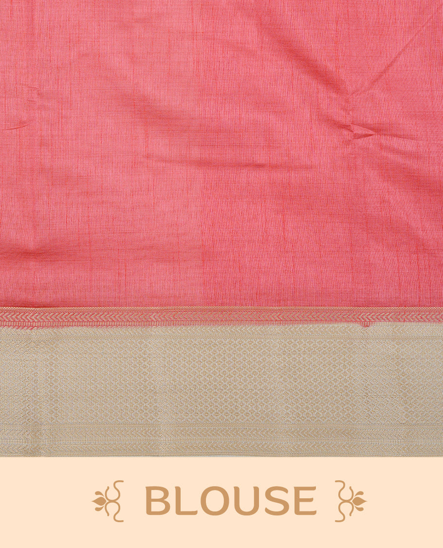Pinkish peach colour Semi Tussar silk saree featuring an elegant plain body, accentuated by a contrast cream border adorned with intricate gold zari work, paired with a matching blouse piece.