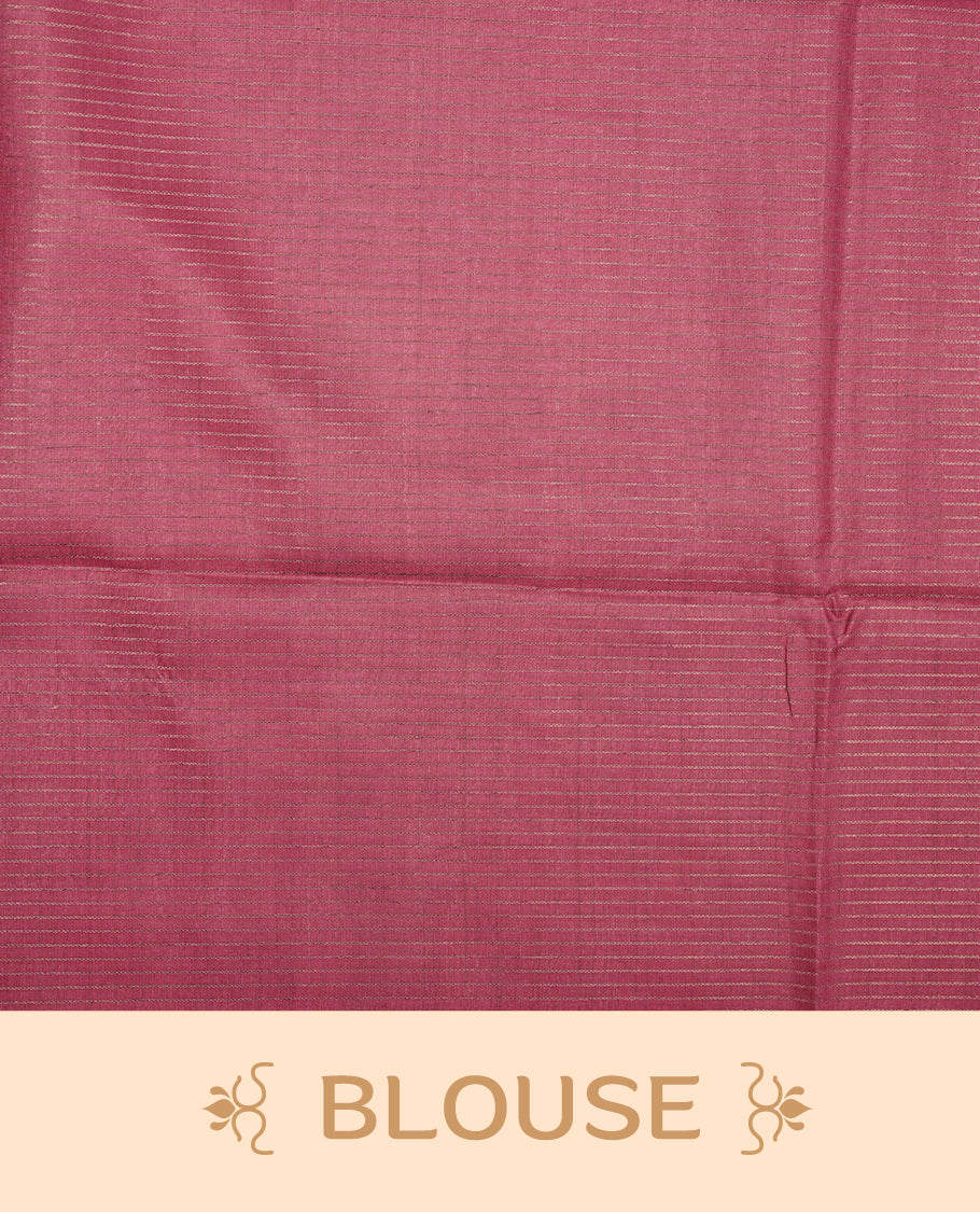 Wheat colour semi tussar silk saree featuring floral print and zari check pattern across body, contrast Pink colour border and pallu, paired with matching blouse piece.