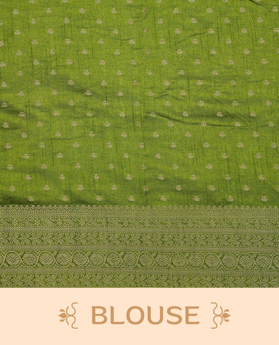 Cream colour Semi Tussar silk saree featuring an Gold zari motifs on body, accentuated by a contrast Green border adorned with intricate gold zari work, paired with a matching blouse piece.