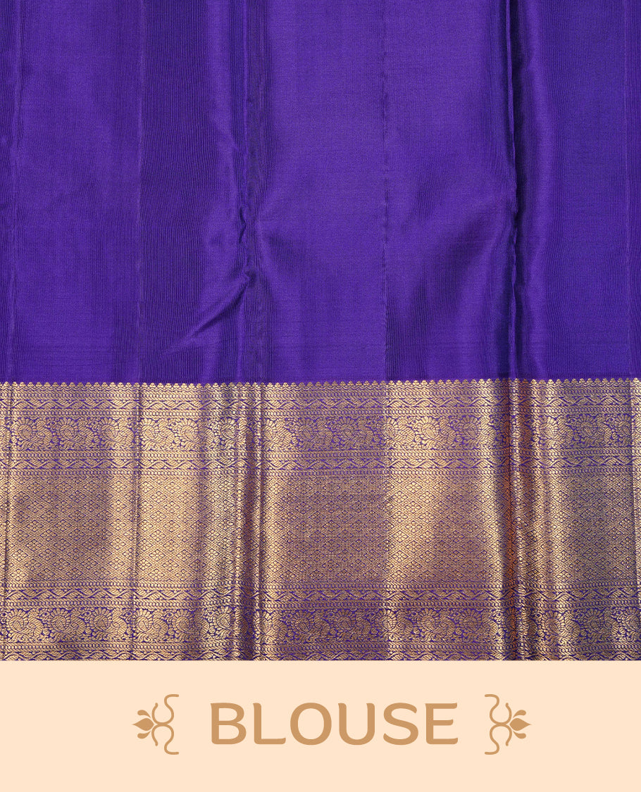 Violet Colour Pure Kancheepuram Silk Saree Featuring Gold Zari Elephant and Peacock  with a Check Pattern on the Body, Highlighting a Traditional Gold Zari Border, Paired with a Matching Blouse Piece.