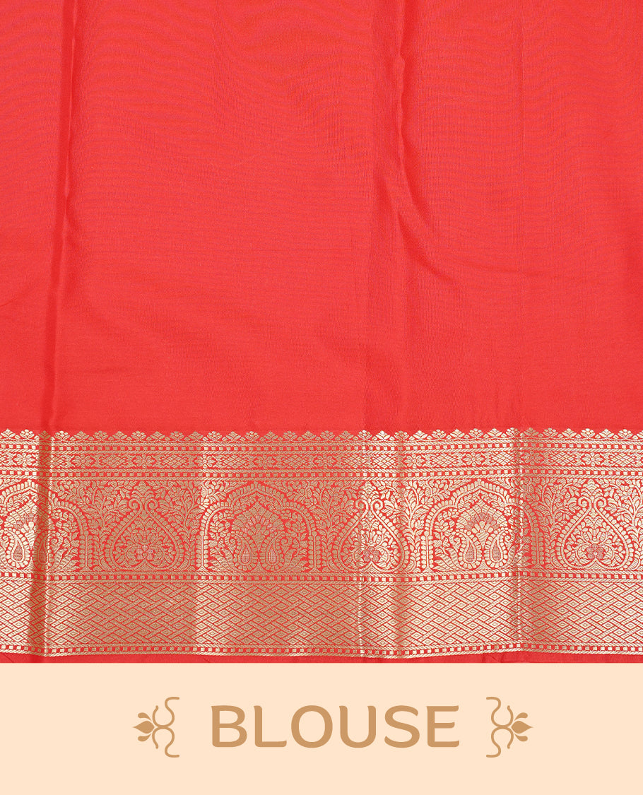 Red colour semi wedding silk saree featuring Gold zari pattern on body, complemented Silver Peacock motifs & gold zari border, paired with matching blouse piece.