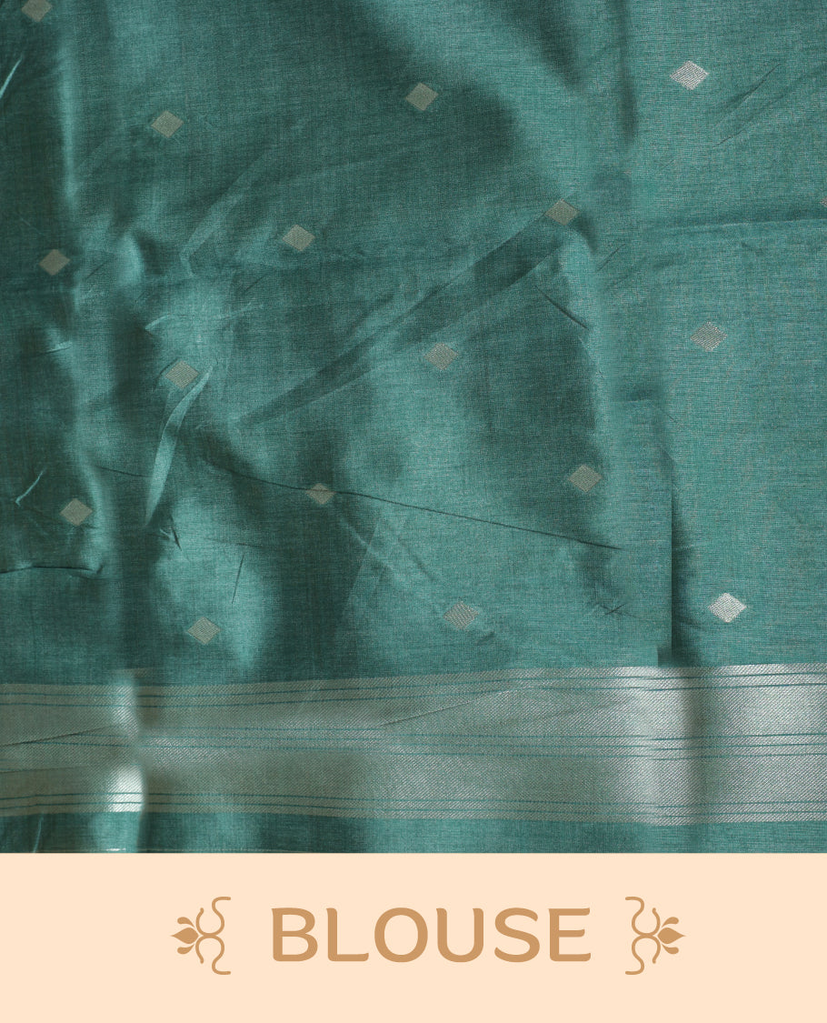 Pink and silver colour dual tone semi tussar saree featuring woven abstract geometric motifs on the body, complemented by a ikat inspired contrast Aqua green patterned pallu, paired with a matching blouse.