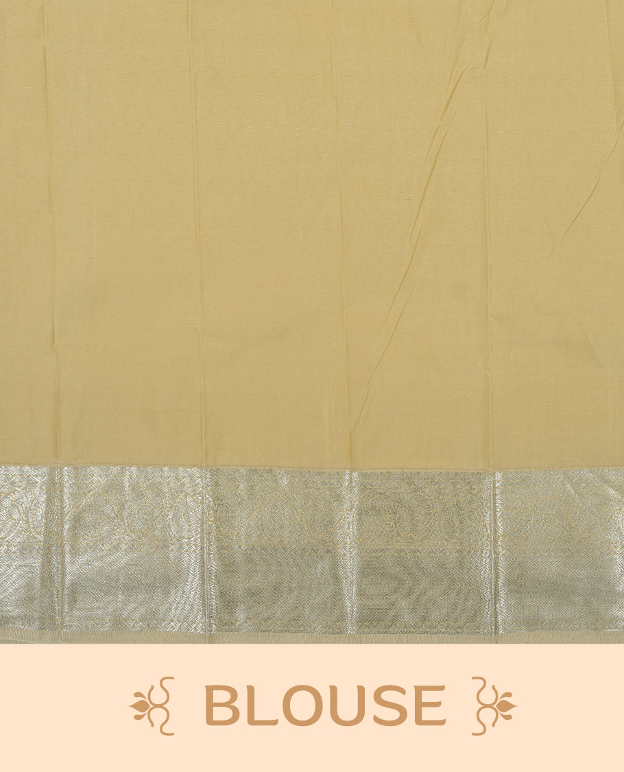 Red colour Semi Silk Saree with silver zari  patterns on the body, paired with a contrasting cream colour traditional pallu and border, and a matching blouse piece.