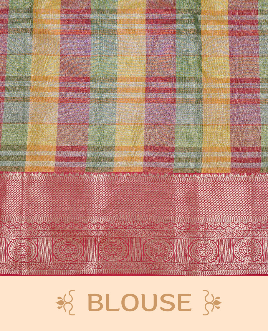 Green, Pink & Yellow Tissue Saree featuring Multi colour Check Design on body, complemented by contrast Red colour with Gold zari border, paired with matching blouse piece.