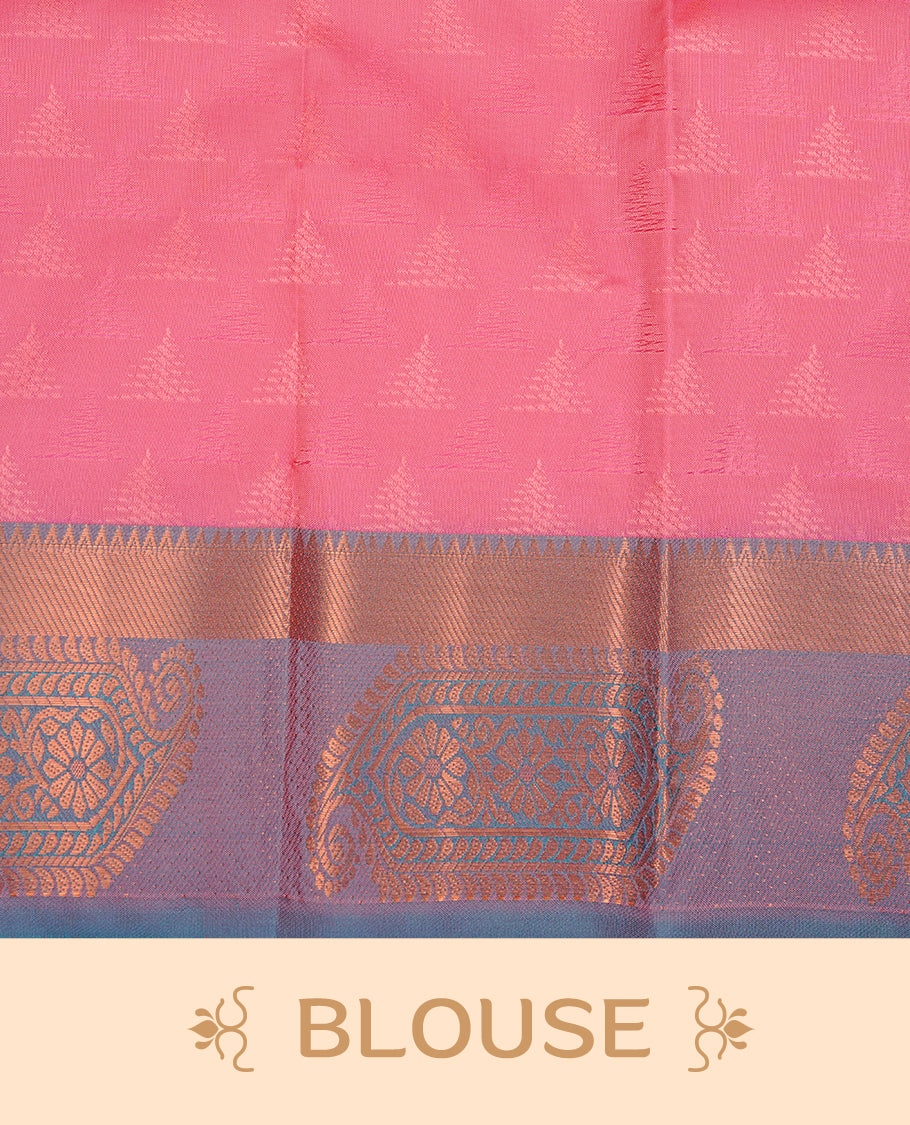Mauve colour Semi silk saree Featuring Selfcolour zari Pattern on body, complemented by Contrast Teal colour with gold zari border, paired with matching blouse piece.