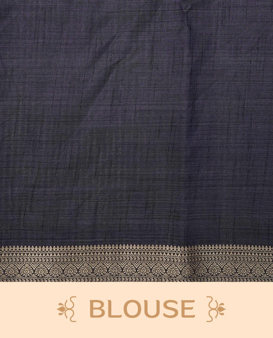 Cream colour Semi Tussar silk saree featuring an elegant plain body, accentuated by a contrast Navy blue border adorned with intricate gold zari work, paired with a matching blouse piece.
