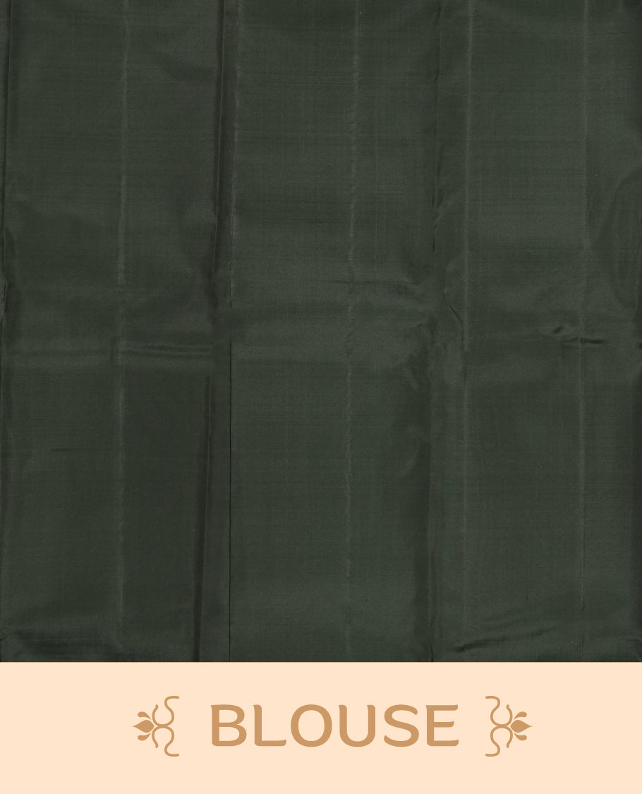 A dark green colour semi soft silk saree featuring a self coloured woven border and patterned body, complemented by self coloured pallu and a matching blouse piece.