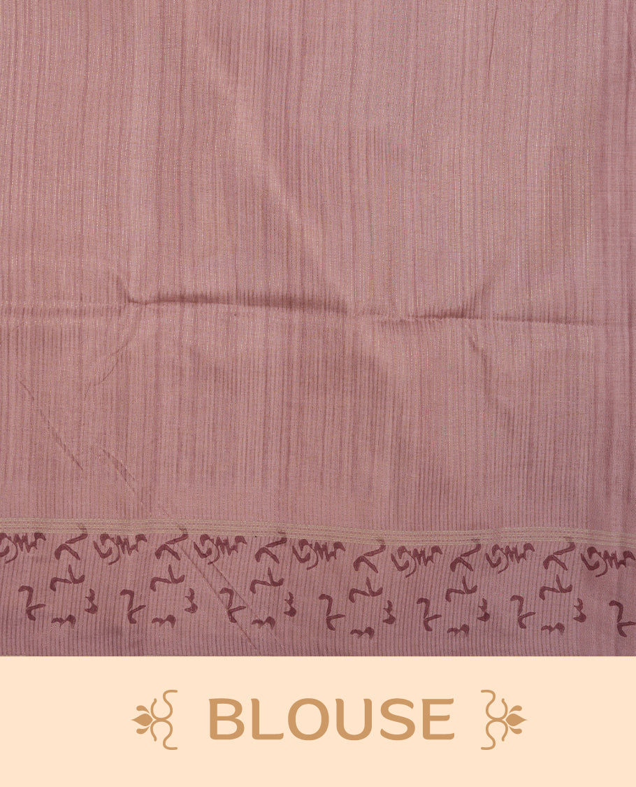 Mauve colour semi tusser silk saree featuring geometric print pattern across body, gold zari border with style motifs and paired with matching blouse.