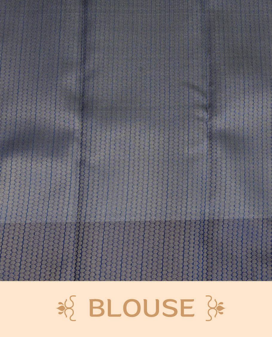 Cream Colour Semi Soft Silk Saree Featuring Gold zari Check With motifs Pattern On Body, Highlighted  by contrast Blue border with Gold zari, paired with matching blouse piece.