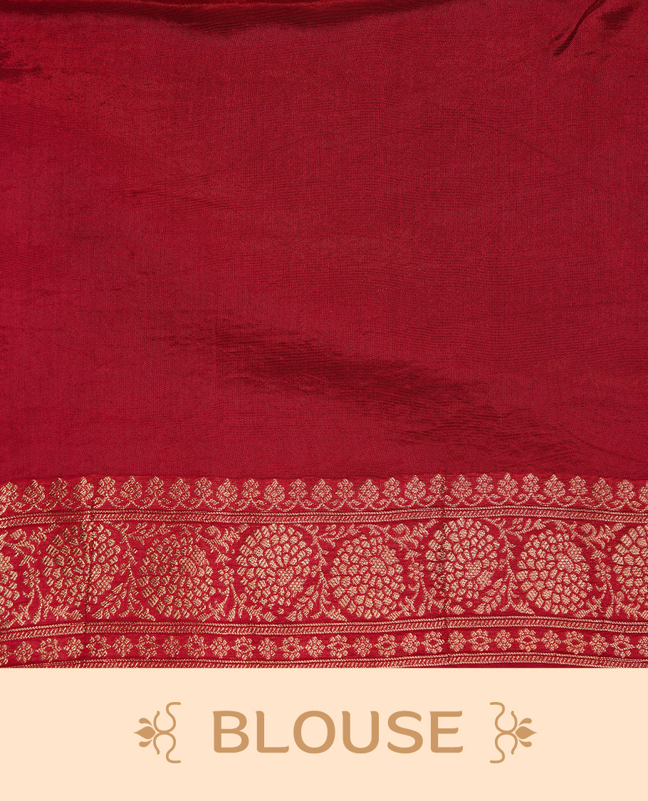 Rani pink colour banaras crepe saree featuring gold & silver zari design stripes on body, complemented by self colour border, paired with matching blouse piece.
