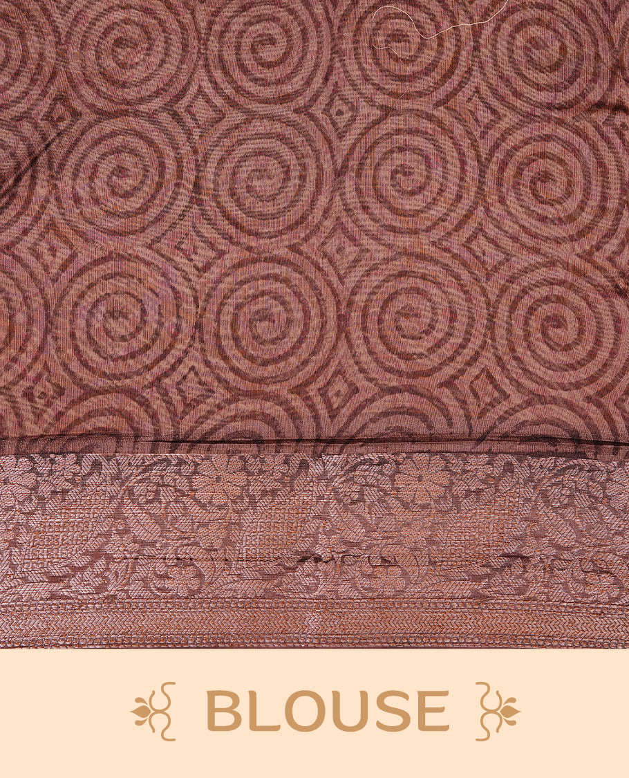 Brown colour Chanderi silk saree featuring Print on body, complemented by Brown colour with Antique zari border, paired with matching blouse piece.