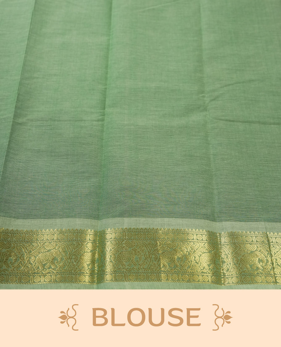 Mint Green colour Pure Kanchi cotton saree featuring delicate golden buttas and a rich zari border with intricate motifs & Paired with a matching blouse, it exudes timeless elegance, perfect for festive and traditional occasions.