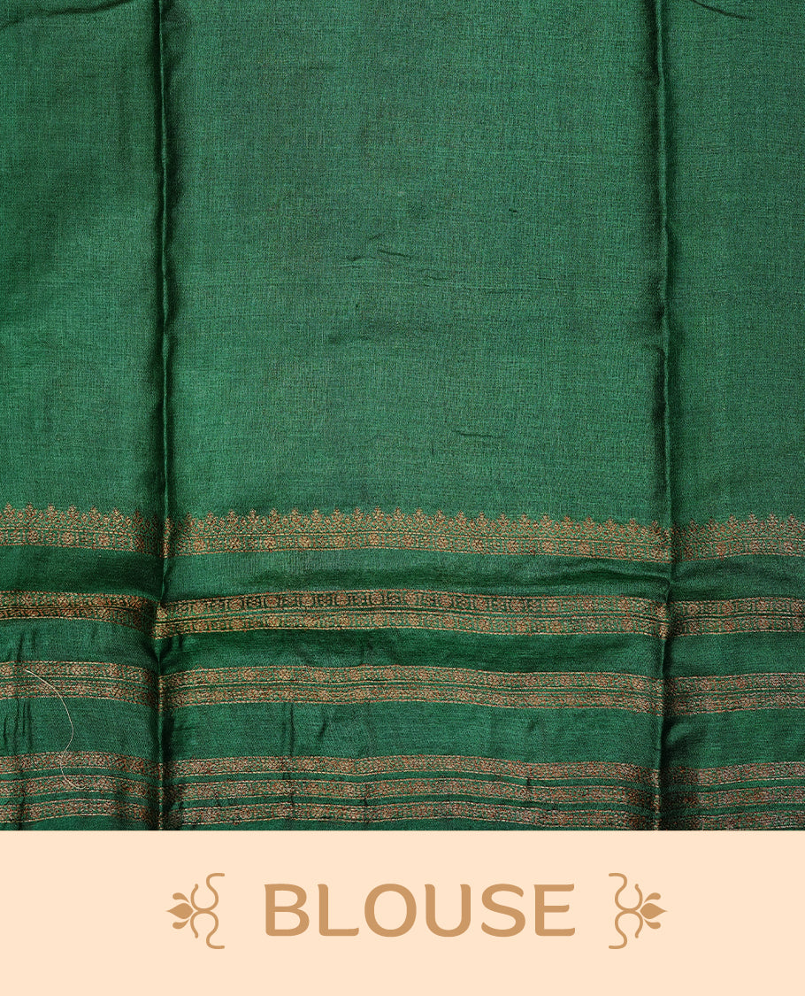 Golden Cream Colour Banaras tussar silk saree featuring Antique zari Motifs on body, Complemented by green colour variant with zari border, paired with matching blouse Piece.