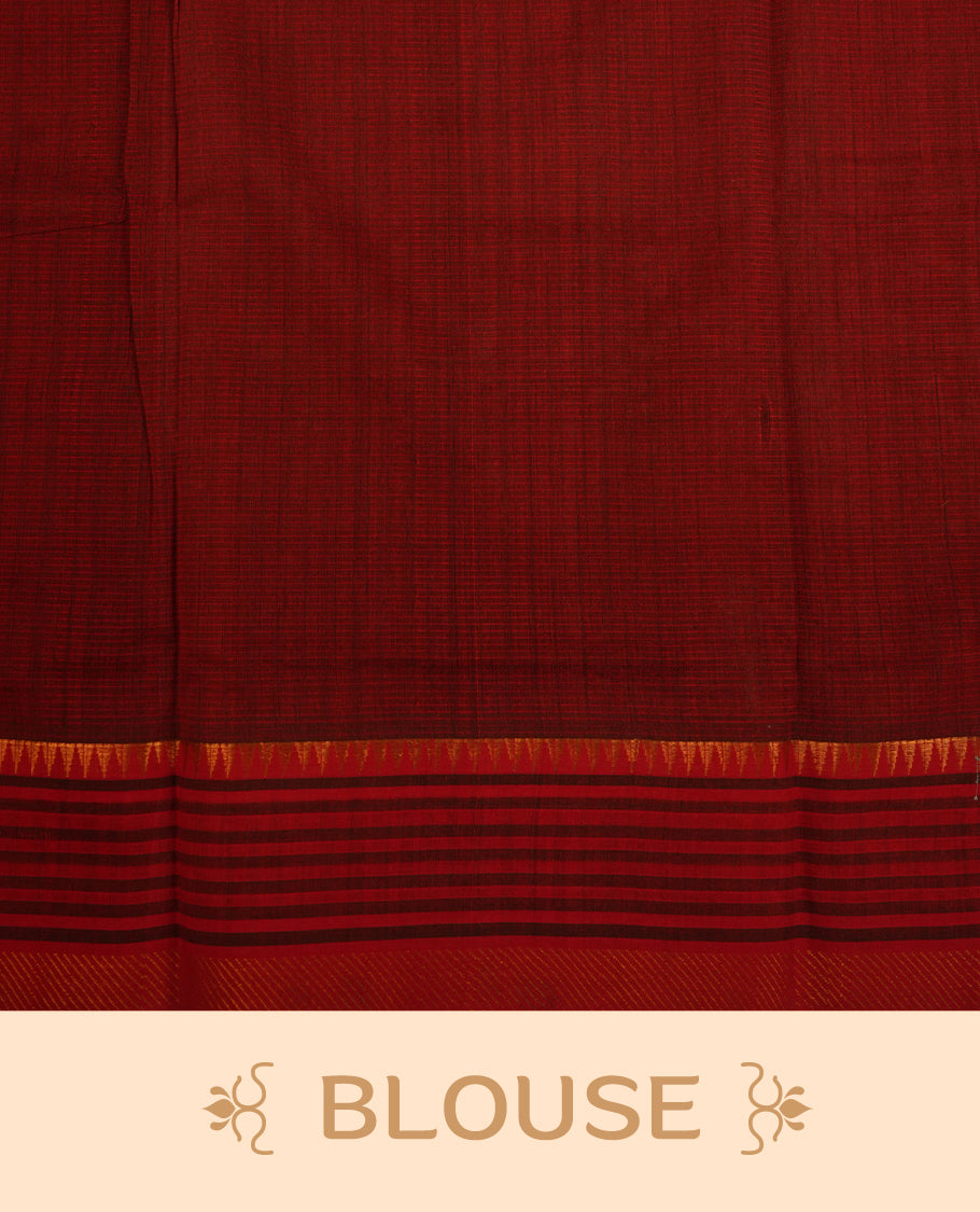 Dark Red  Mangalagiri cotton saree featuring elegant Black stripes On Body , Complemented by Contrast Check Pattern , Gold  zari border & Contrast  pallu, Paired With a matching blouse piece.