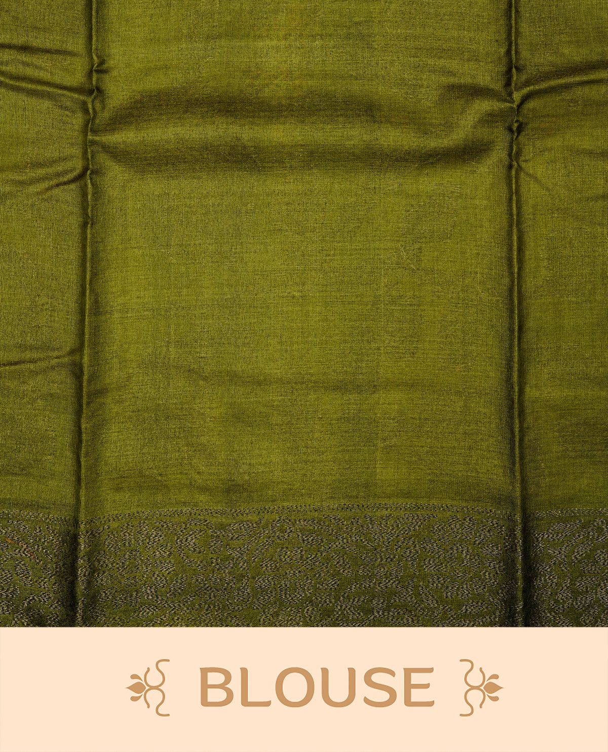 Olive colour banaras saree featuring Antique zari kodi pattern on body, complemented by Zari pattern on self colour border, comes with matching blouse piece.